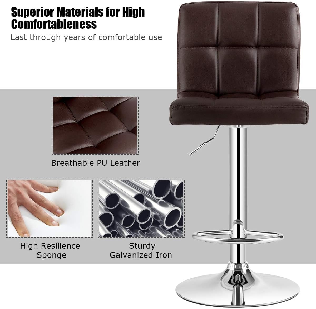 DORTALA Adjustable Bar Stools Set of 4, PU Leather Swivel Barstools with Back, Footrest, Modern Armless Counter Height Bar Chairs for Kitchen Island, Bistro Pub Counter Living Room Cafe (4, Brown)