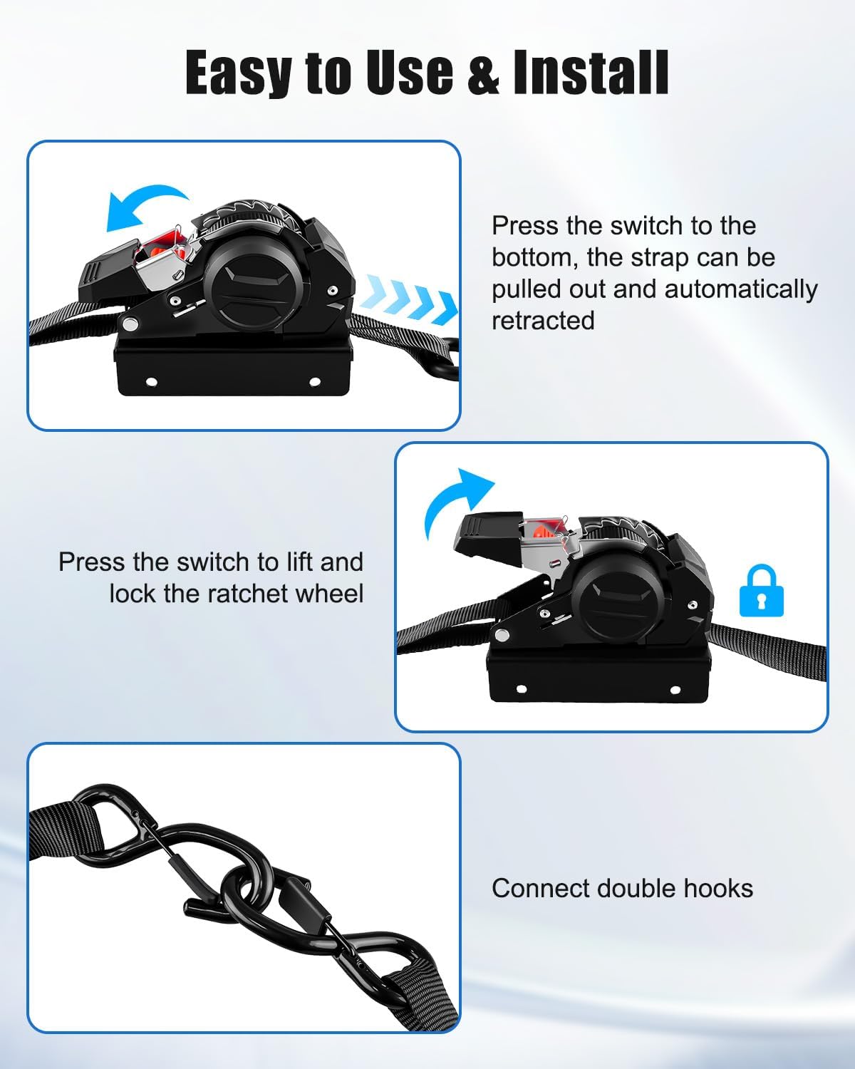 Ladder Rack Straps Tie-Down System with Double J Hooks, Heavy-Duty Retractable Ratchet Straps for Truck, Trailer, SUV, Boat, and PVC/Wood/Ladder Cargo, Fits Round Ladder Racks with 9.8 Feet Straps - Image 7