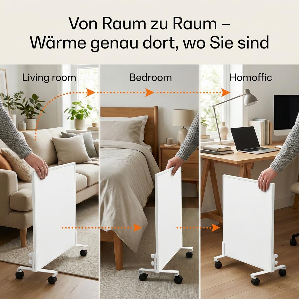 Infrarotheizung Standgerät 1000W mit Rollen, Bis 120°C in 1-3 Min, Bis 40% Energie Sparen, Mobil & Flexibel, Flüsterleise, V0-Schutz & Überhitzungsschutz, Für 10-25㎡