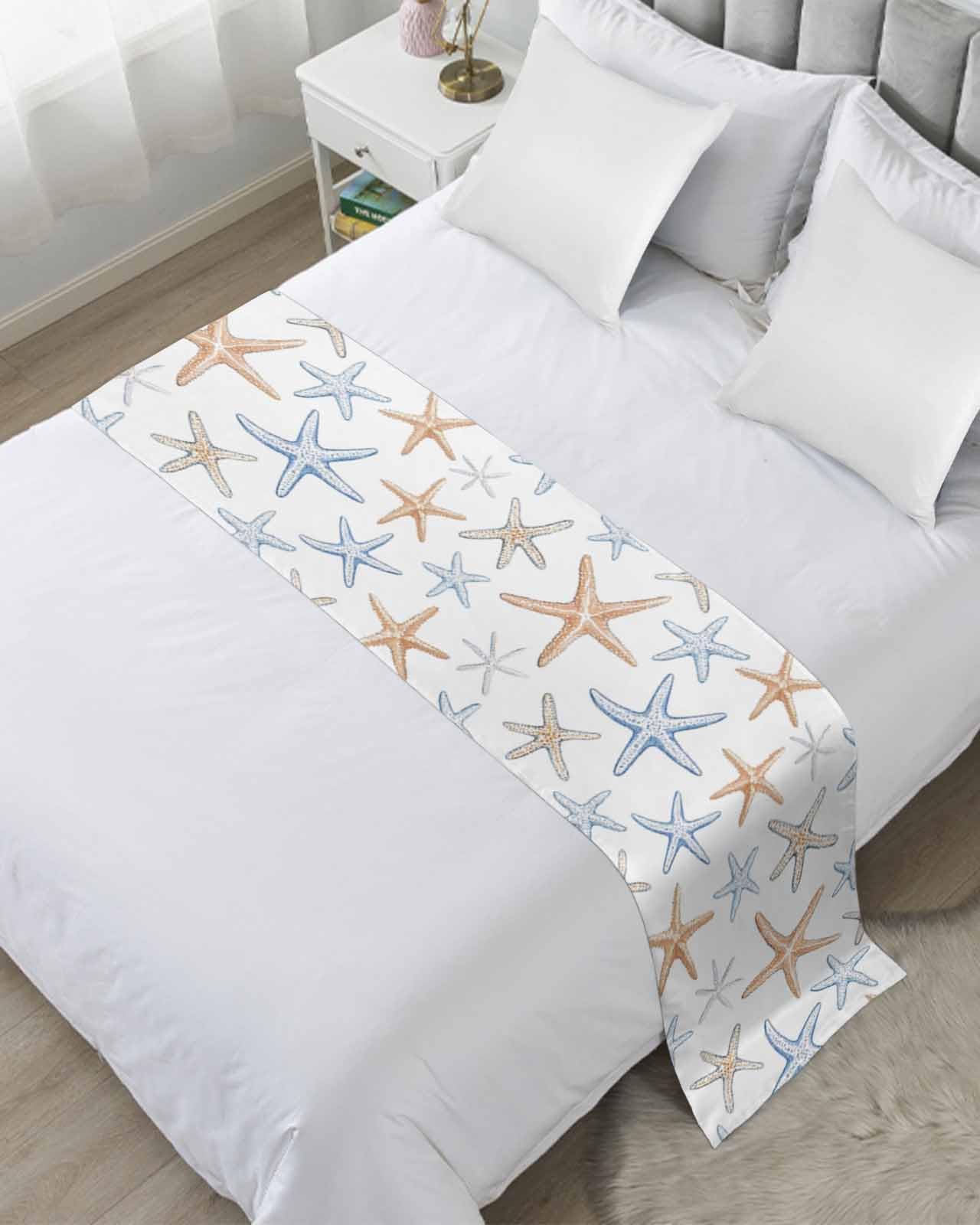 Twin Bed Runner Summer Ocean Watercolor Starfish Bedding Runner Scarves Decorative Bed Scarf, Cartoon Marine Animals Soft Bedding Scarf for Bedroom Hotel Wedding 71x20in