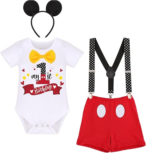 IBTOM CASTLE Conjunto de caballero para primer cumpleaños para bebé, niño, traje formal con pajarita, babero, pantalones, orejas, conjunto de