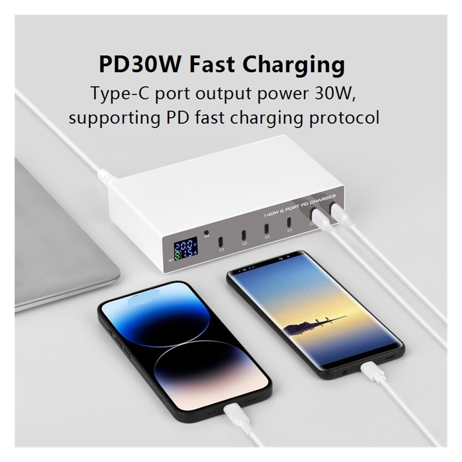 Stazione Di Ricarica Rapida USB-C Multipla Con Caricabatterie Rapido PD 6 Porte Da 140 W E Display LED Capacità Di Ricarica Rapida(White 140W PD)