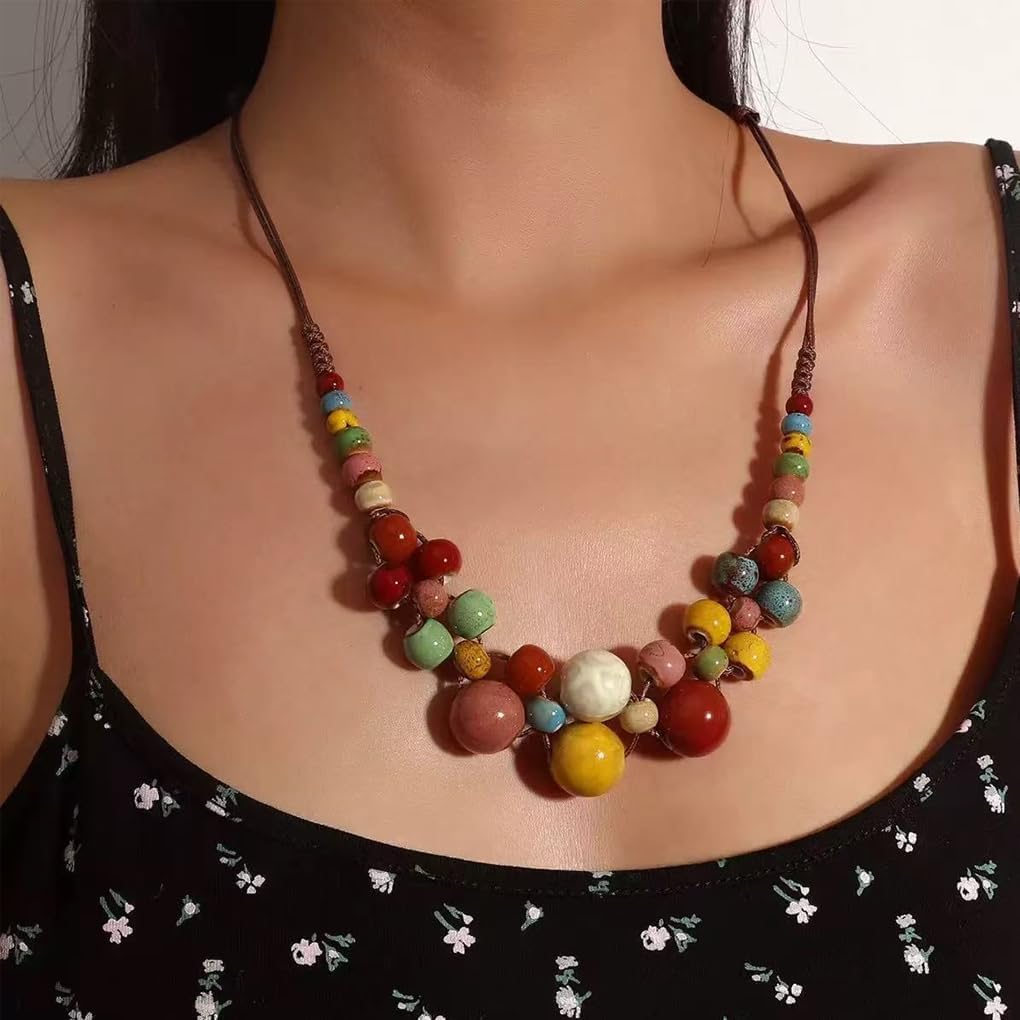 Boho Chunky Bead Strand Necklace for Women,Vintage Colorful Ceramic Beads Adjustable Necklace,Unique Jewelry Accessories Western Concert Party Gifts