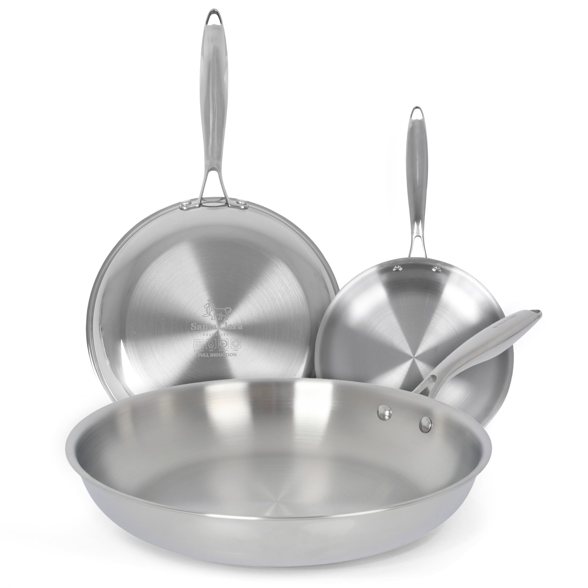 Santa Clara | Juego de Sartenes Acero Inoxidable 18/10 Trifusión 20-26-30 cm, Set de 3 Piezas Sin Revestimiento, Apta para Inducción, Horno, Gas y Vitro, Cocina Saludable y Libre de Tóxicos