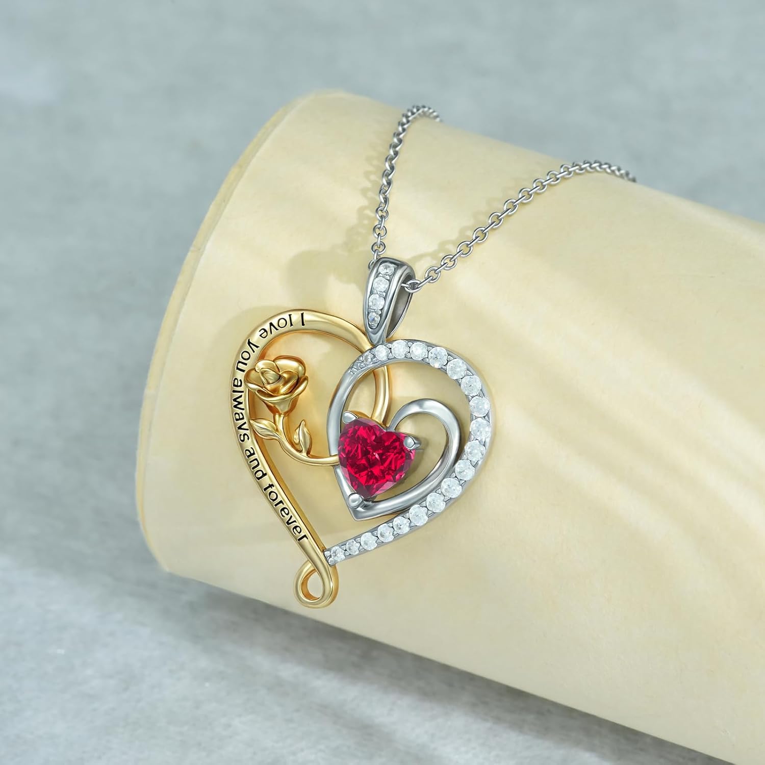 E Infinity Double Heart Birthstone Necklace 925 Sterling Silver Rose Flower Pendant Necklace, Birthday Anniversary Jewelry Gifts for Her Wife Mom Girlfriend Wife - Image 3