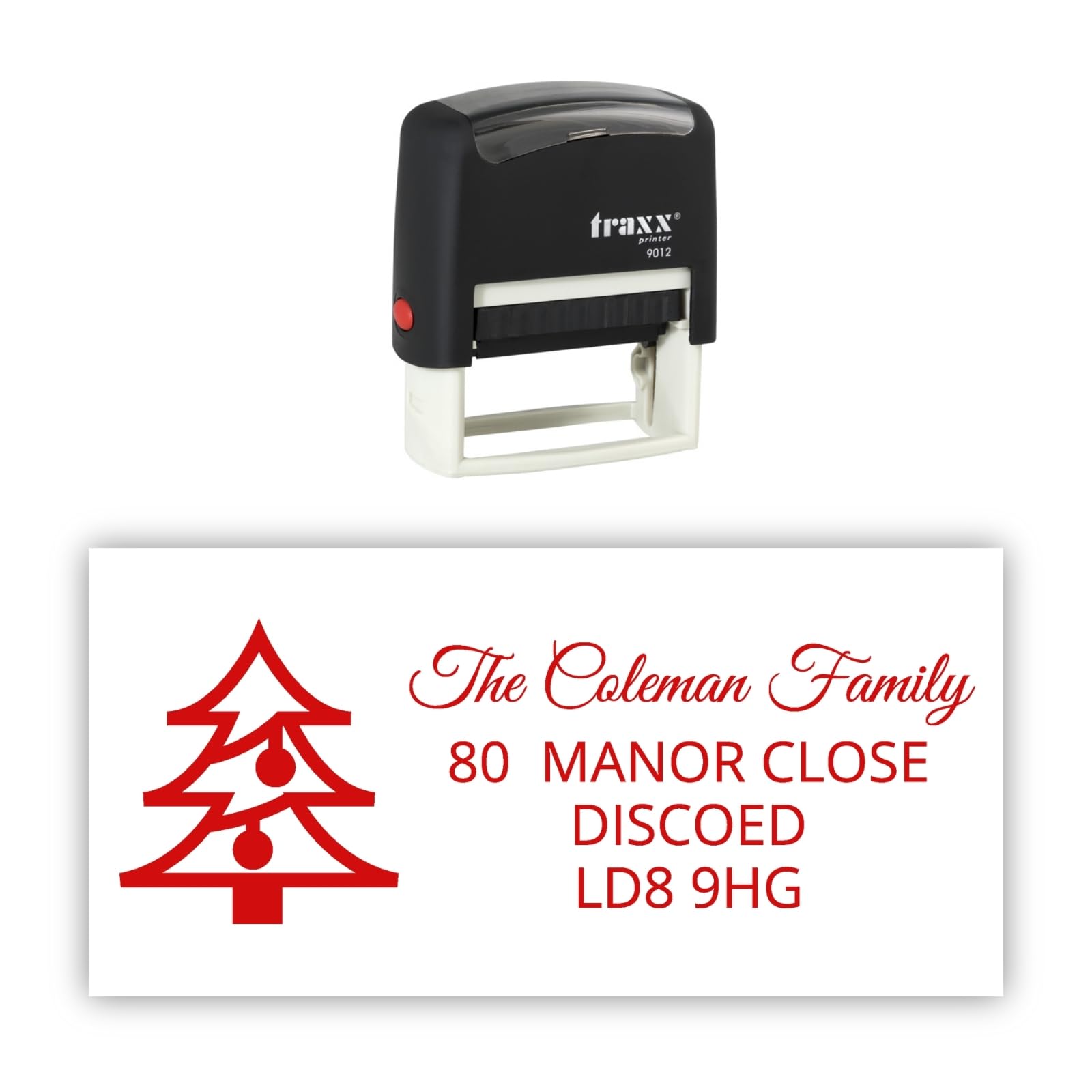 Traxx 9012 Personalised Christmas Self Inking Rubber Stamp - Christmas Tree with 4 Lines of Custom Text in Red Ink