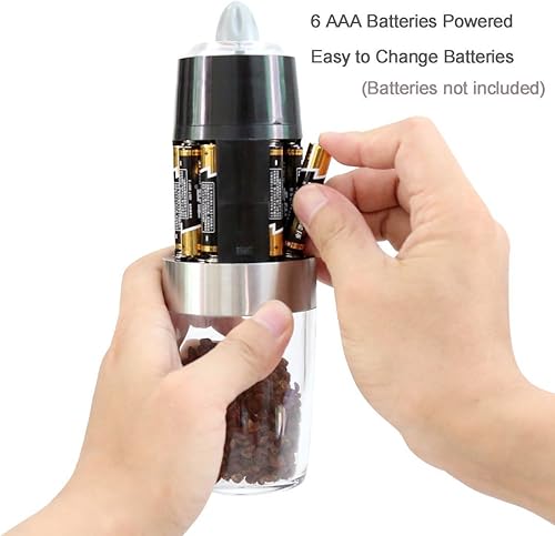 Miniatura 5 de Gravity - Juego de molinillo eléctrico de sal y pimienta, funciona con pilas, molinos automáticos de sal y pimienta con luz azul (negro, 2 piezas),