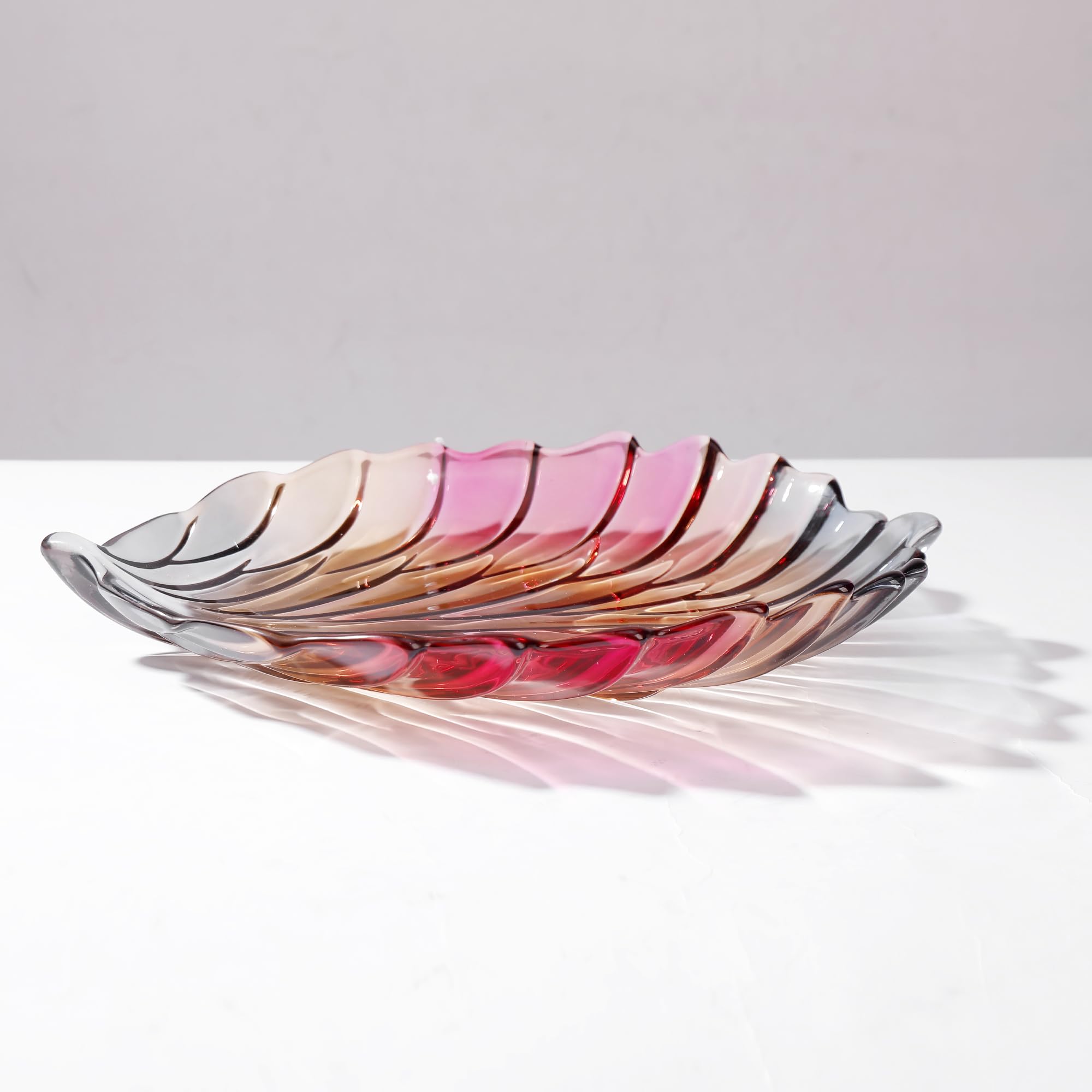 Kreative, bunte handbemalte Kristallglas-Blattform, dekorative Schale, 31 cm Durchmesser, Obst-Display und Küchentisch.