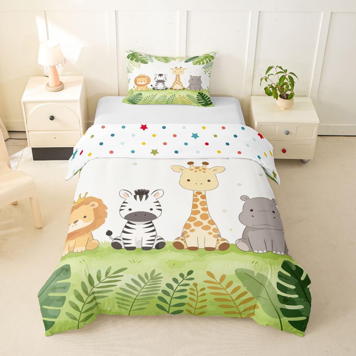 Erosebridal Cute Woodland Animal Duvet Cover Set Woodland Tropical Theme Girl Toddler Bedding Set for Teenage Boys Jungle Safari Animals Comforter Cover Lion Zebra Giraffe Hippo Bed Sets