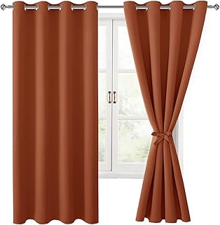 Hiasan Fall Blackout Curtains for Bedroom, 52 x 63 Inches Length - Thermal Insulated & Light Blocking Window Curtains for Living Room/Kids Room, 2 Drape Panels Sewn with Tiebacks, Burnt Ochre