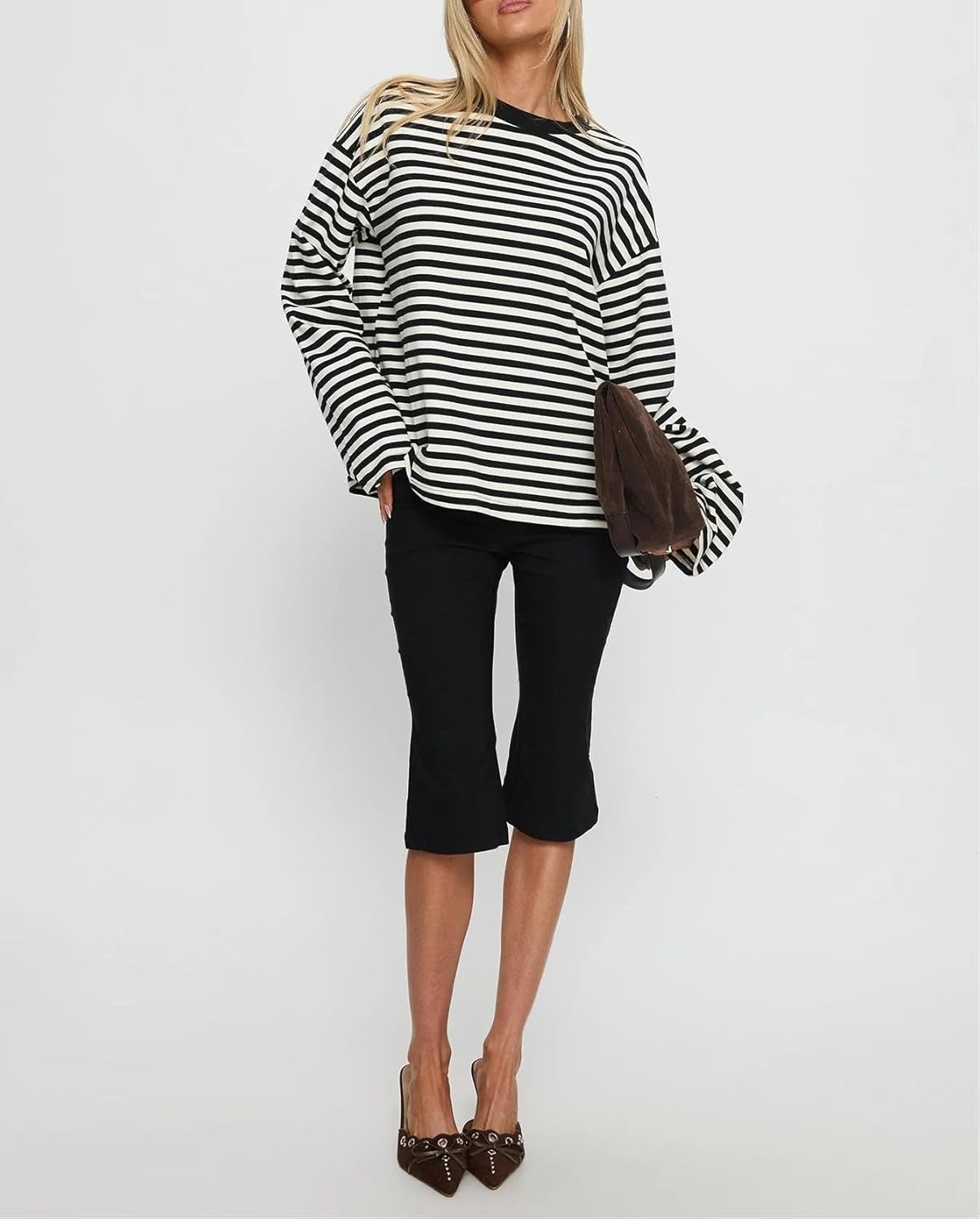 Striped Long Sleeve Shirt Women Y2k Oversized Crewneck Vintage Tops Fall Winter Drop Shoulder Cute Preppy Pullover - Image 7