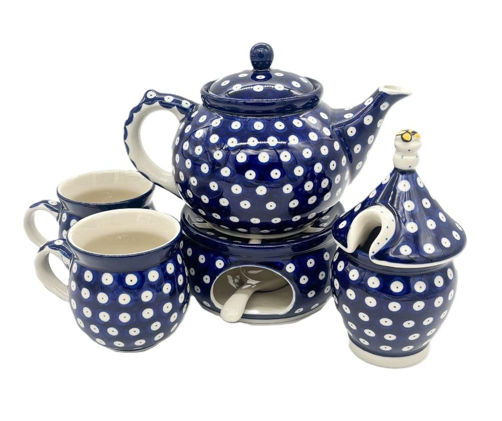 Bunzlauer Keramik Teekanne mit Stövchen Set, Blau mit weißen Punkten, Handgemacht, 15 cm Höhe, 25 cm Durchmesser, Traditionelles Design