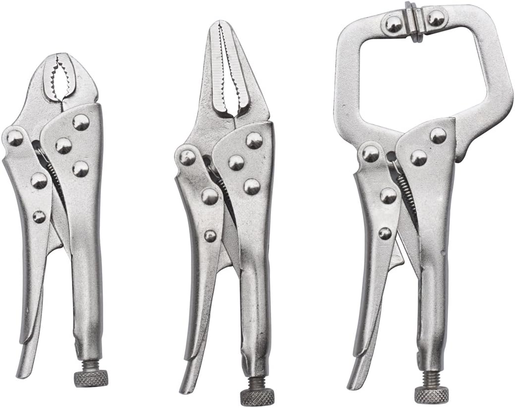 3Pcs Mini Locking Plier Set, 4.5in Round Curved Jaw, 5in C-clamp, 5in Long Nose for Grip, Clamp, and Secure