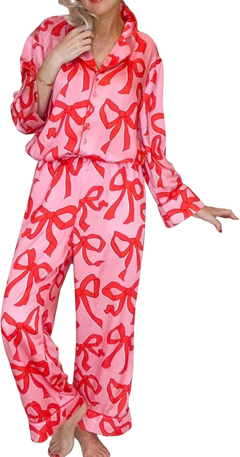 Women Cute Bow Pajama Set Long Sleeve Button Shirt Pants Silk Satin Lounge Outfit Valentine’s Day 2 Piece Pj Set