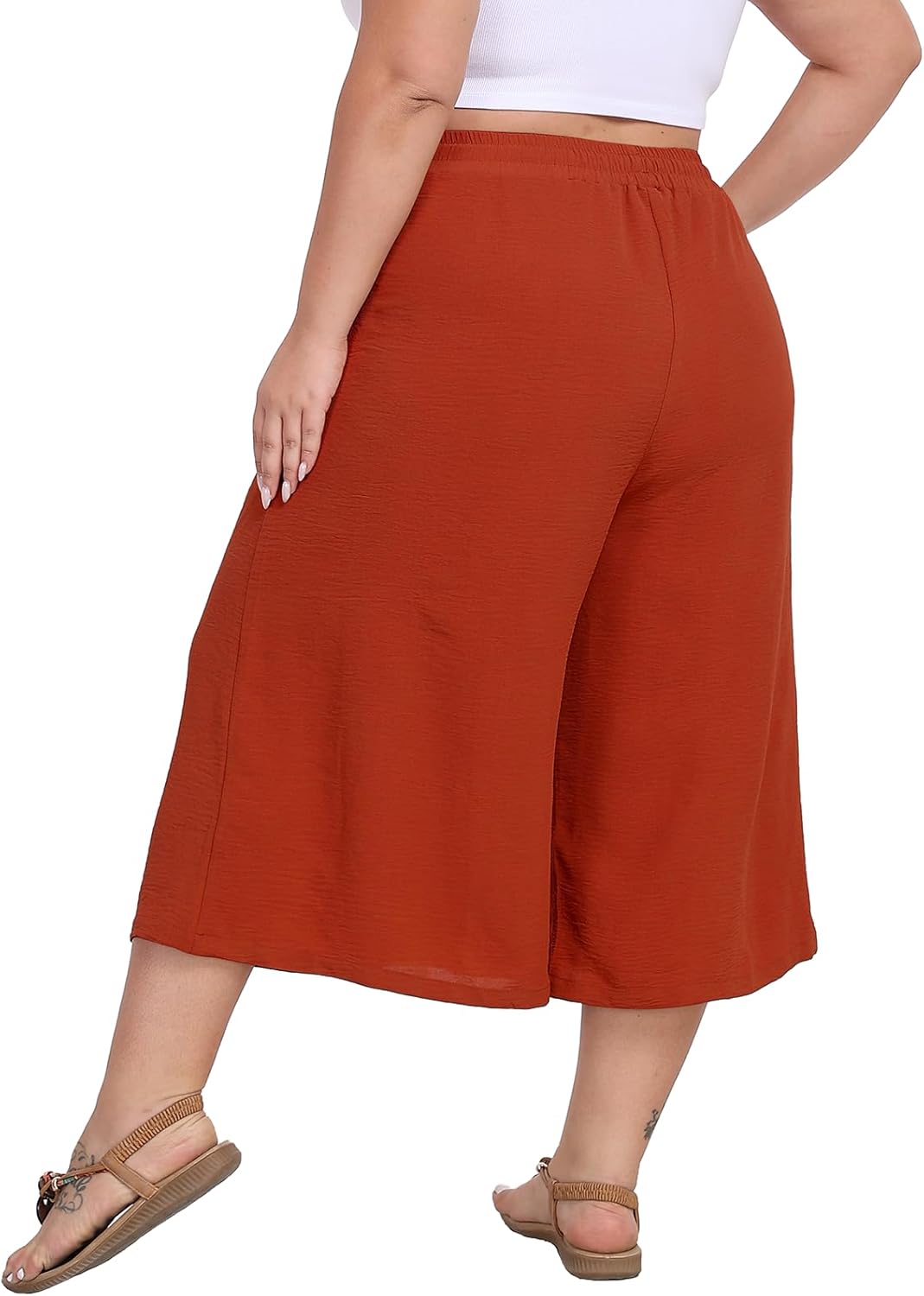 goodmansam Women's Plus Size Capri Culottes Pants High Waisted Wide Leg Palazzo Trousers with Pockets for Summer Casual Wear - Image 4