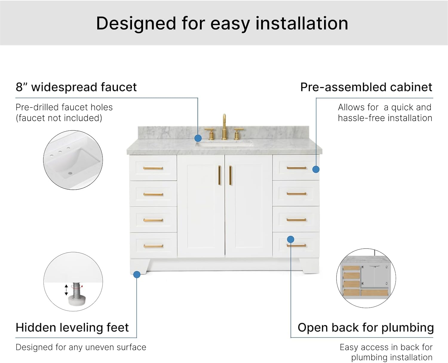 ARIEL Taylor 54-inch Bathroom Vanity with Sink,Solid Wood, 1.5-inch Italian Carrara Marble Countertop, Single Rectangular Porcelain Sink, 2 Soft Closing Doors, 9 Dovetail Drawers, White