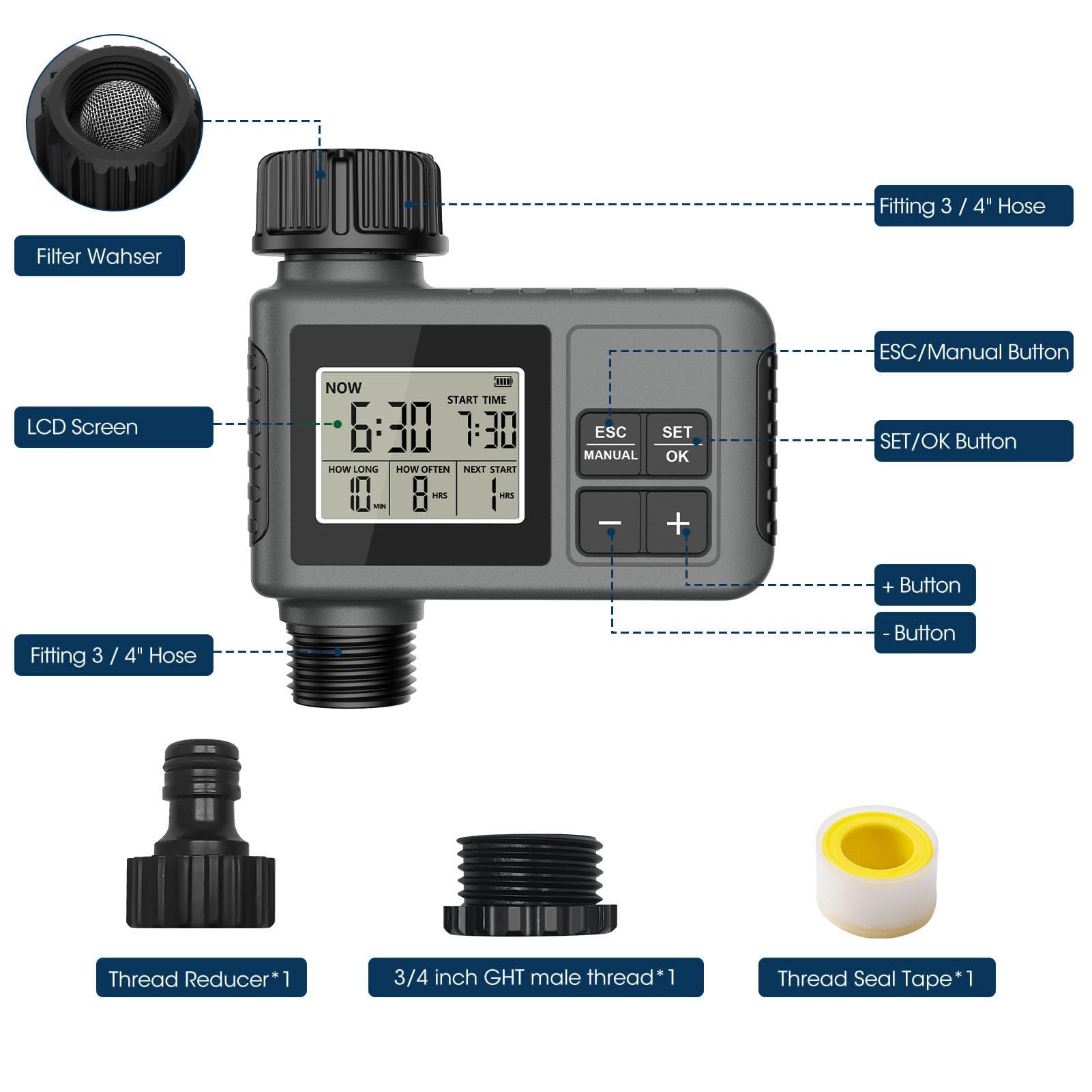 Generic Display LCD Programmatore di Irrigazione Temporizzato Timer di Irrigazione Automatico per Cortile Giardino Esterno, Timer di per Rubinetto da 3/4-1/2 Pollici