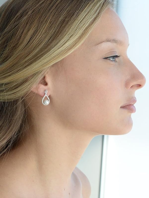 Mariell Pearl Drop Earrings with Cubic Zirconia Crystals For Brides, Weddings, Mother's Day Jewelry Gift by Mariell - Used condition - Image 3