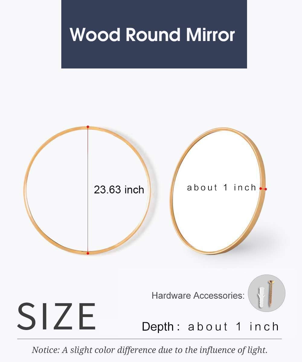 TinyTimes 23.63" Wall Mirror, Round Vanity Mirror, Wood, Large, Clean, Decor, for Washrooms, Living Rooms, Bathroom and More, Round Wall Mirror (Natural)