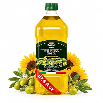 BASSO 1904 - Italian Olive and Sunflower Oil Blend, 2 Liters 67.6 Fl Oz | Sunflower Oil 80% and Extra Virgin Olive Oil 20%, EVOO Blend, Light Fruity Taste, Versatile Cooking Oil, Product of Italy