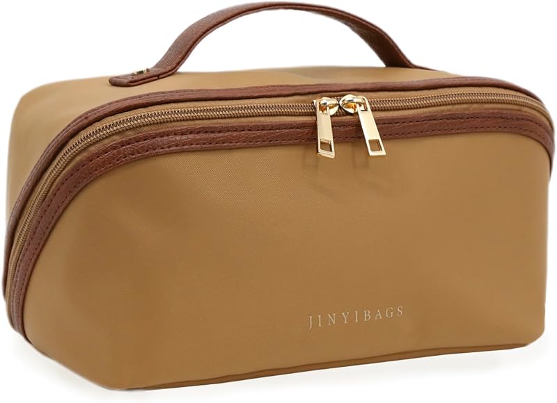 Necessaire de maquiagem JINYIBAGS em nylon, com zíper duplo e divisórias, 05-Khaki