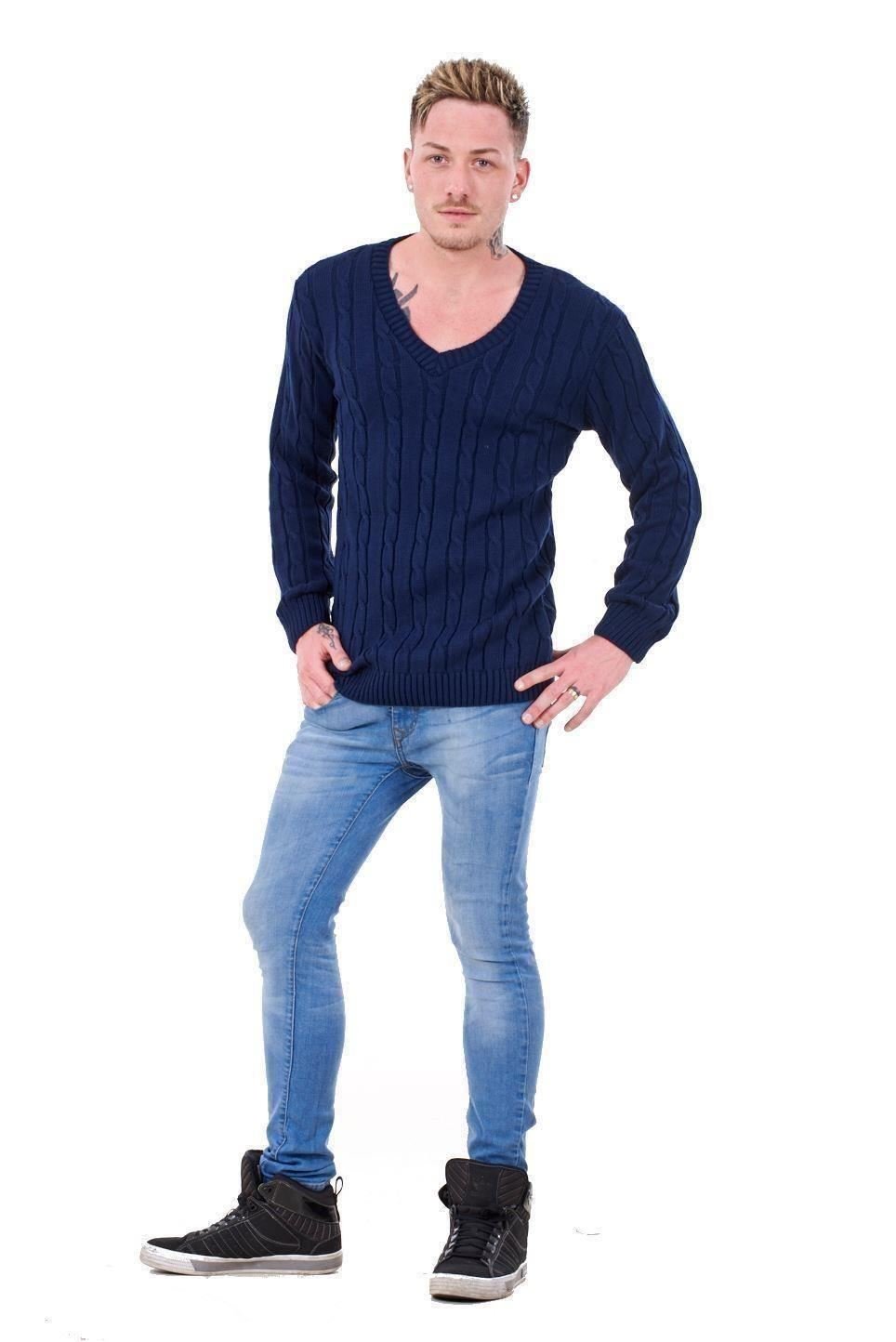 Bay eCom UKMens V Neck Chunky Cable Knit Pullover Jumpers Warm Winter Sweater S to 5XL