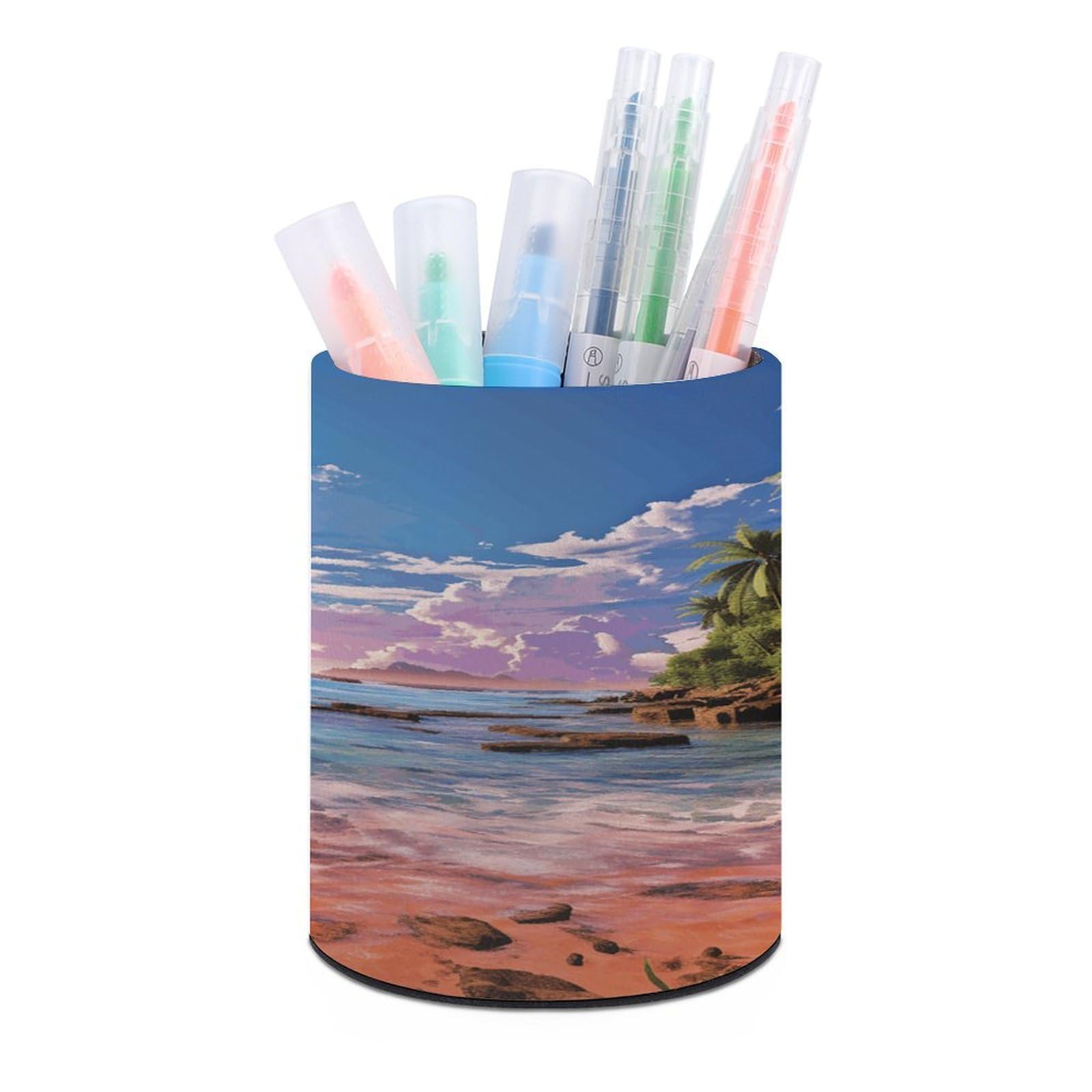 VstaDank Summer Beach with Palm Trees Pen Holder PU Leather Pencil Cup Minimalist Desk Pencil Holder Round Make Up Brush Organizers For Office Dorm Room&Vanity Desk Accessories