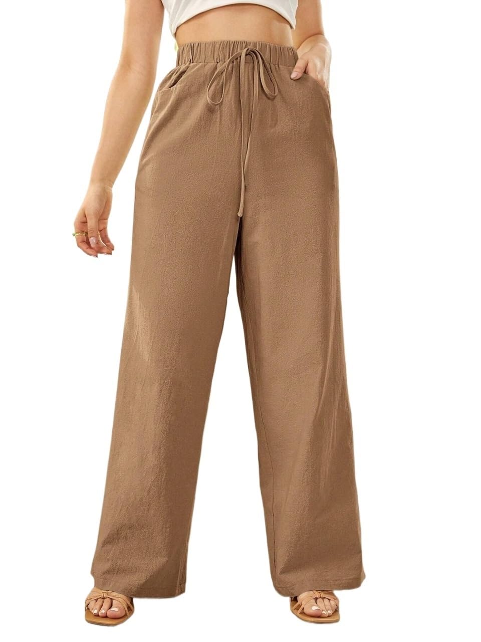 Womens Fall Tie Waist Solid Wide Leg Loose Casual Pants with Pockets Trousers Beige