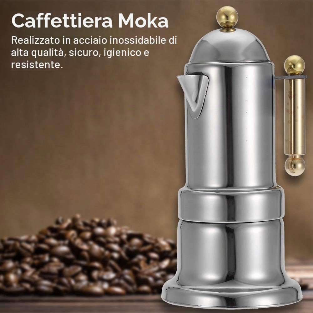 Bewinner Caffettiere per piano cottura, Caffettiera in acciaio inox per Home Office, Piano cottura Caffettiera espresso con valvola di sicurezza 200ml