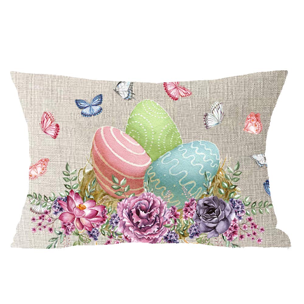Happy Easter Colored Eggs Butterfly Blessing Gift Cotton Linen Square Throw Waist Pillow Case Decorative Cushion Cover Pillowcase Sofa Lumbar 12x20
