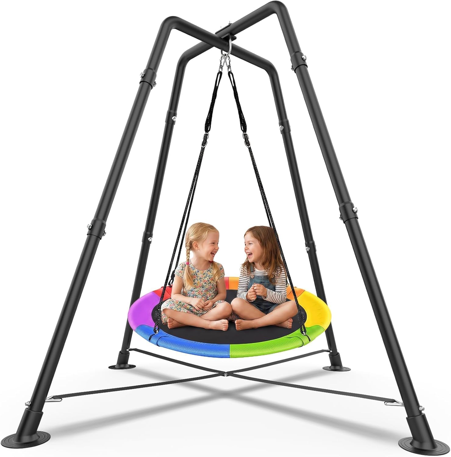 35" Saucer Swing Set with Stand, for Kids and Adults | 32mm Steel Frame, X-Shape Base with 4 Stakes, 330lbs, for Indoor Outdoor Backyard, Multicolor