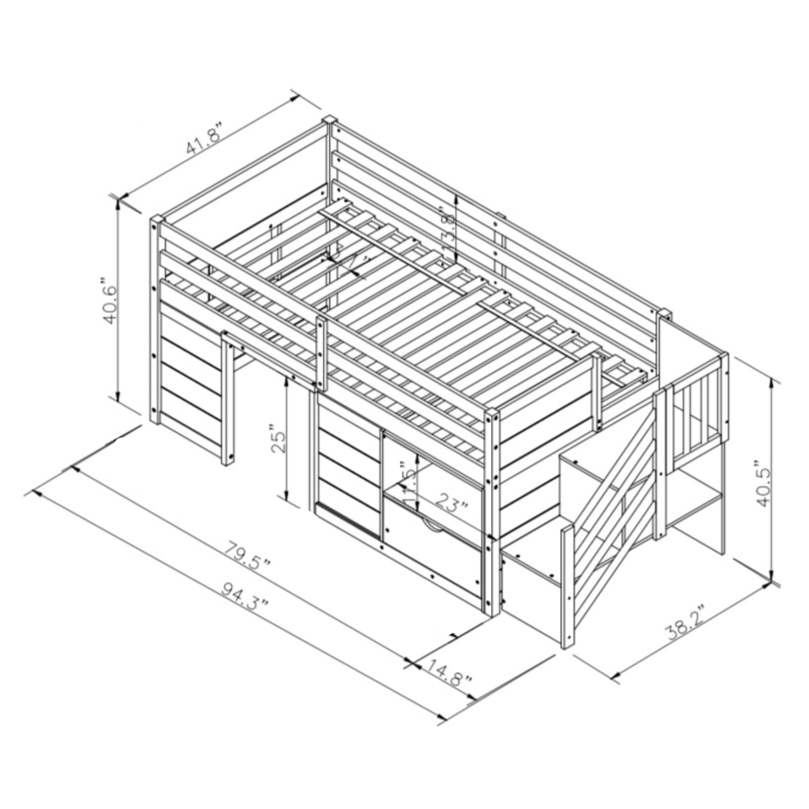 LUMISOL Twin Size Low Loft Bed with Stairs, Playhouse Loft Bed Frame with Drawer and Shelf, Solid Wood Low Loft Bed, White