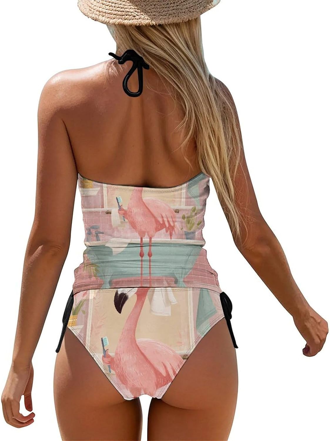 Flamingos Lady in The Bathroom Women Tankini 2 Piece Swim Bathing Suits | tummy control,high neck top with bottom,swimwear,swimsuits