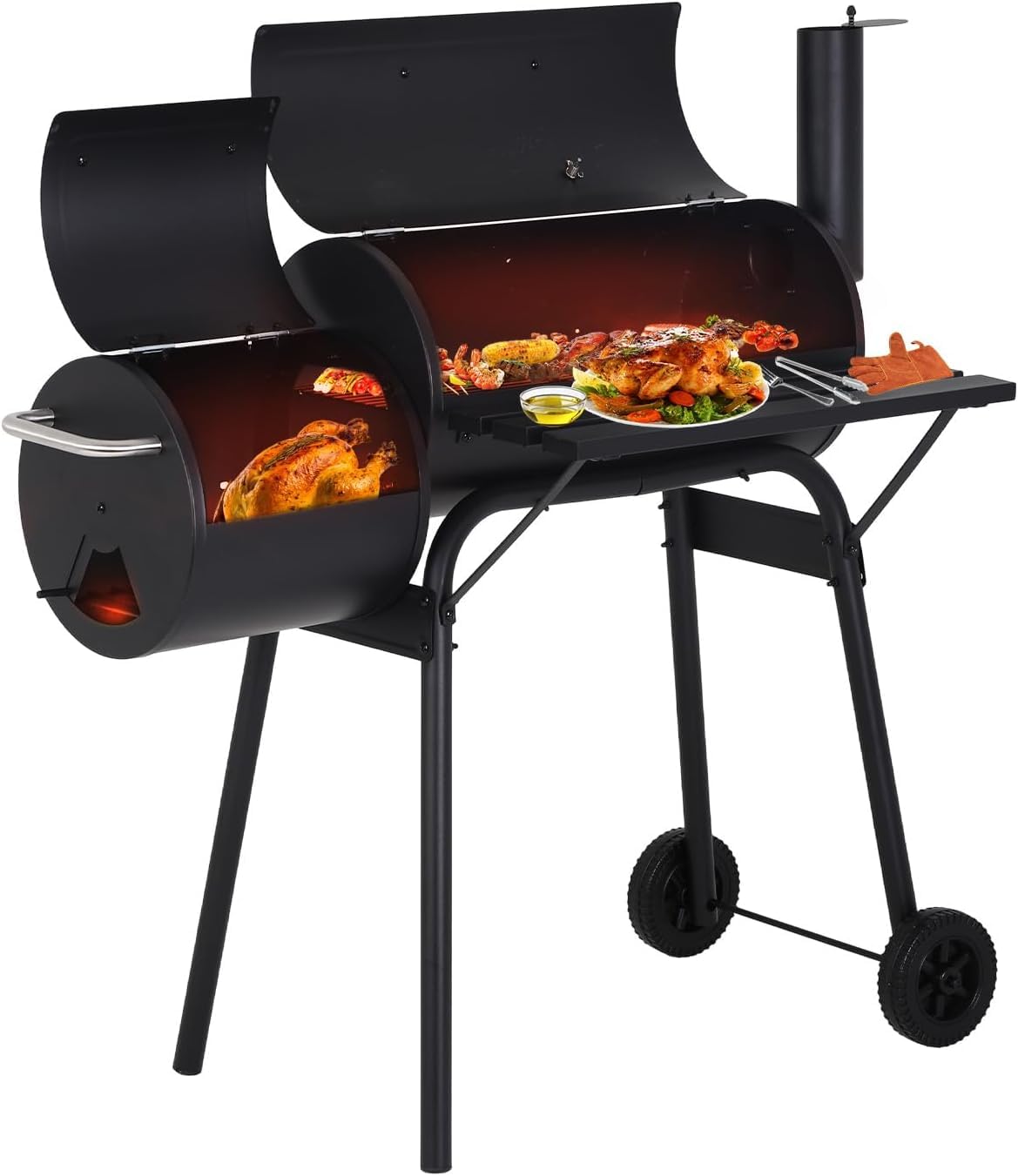 Grill Chal ze stali nierdzewnej z pokrywką i kółkami – przenośny grill na zewnątrz z termometrem na imprezy i spotkania – czarny