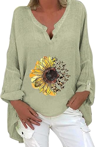 Plus Size Dressy Tops for Women,Women's Casual Long Sleeve Tunic Tops Cute V Neck Button Down Loose Shirt Blouses