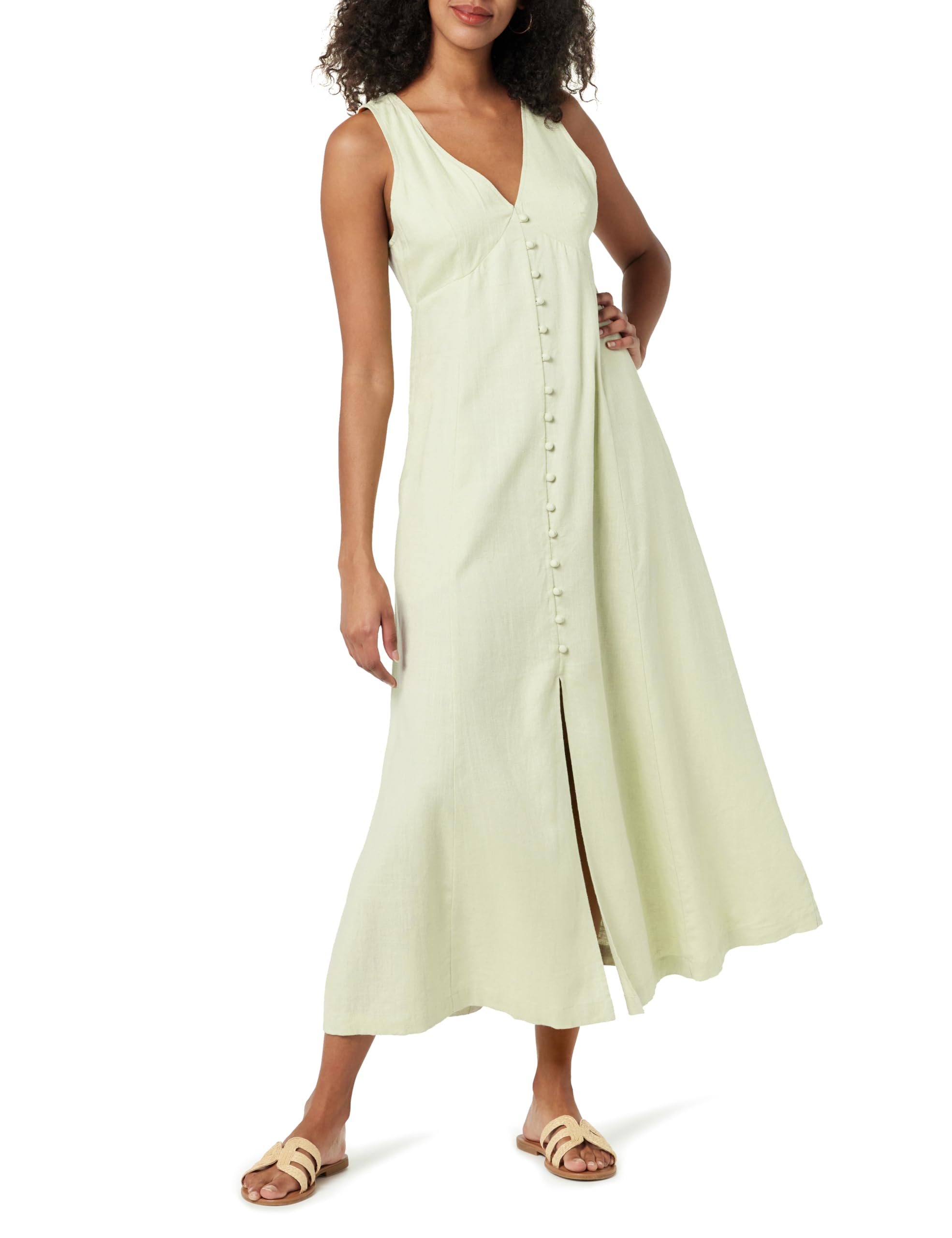 The Drop Damen Blanca Maxikleid aus Leinen mit Knopfleiste und V-Ausschnitt vorn, Sanftes Grün, M