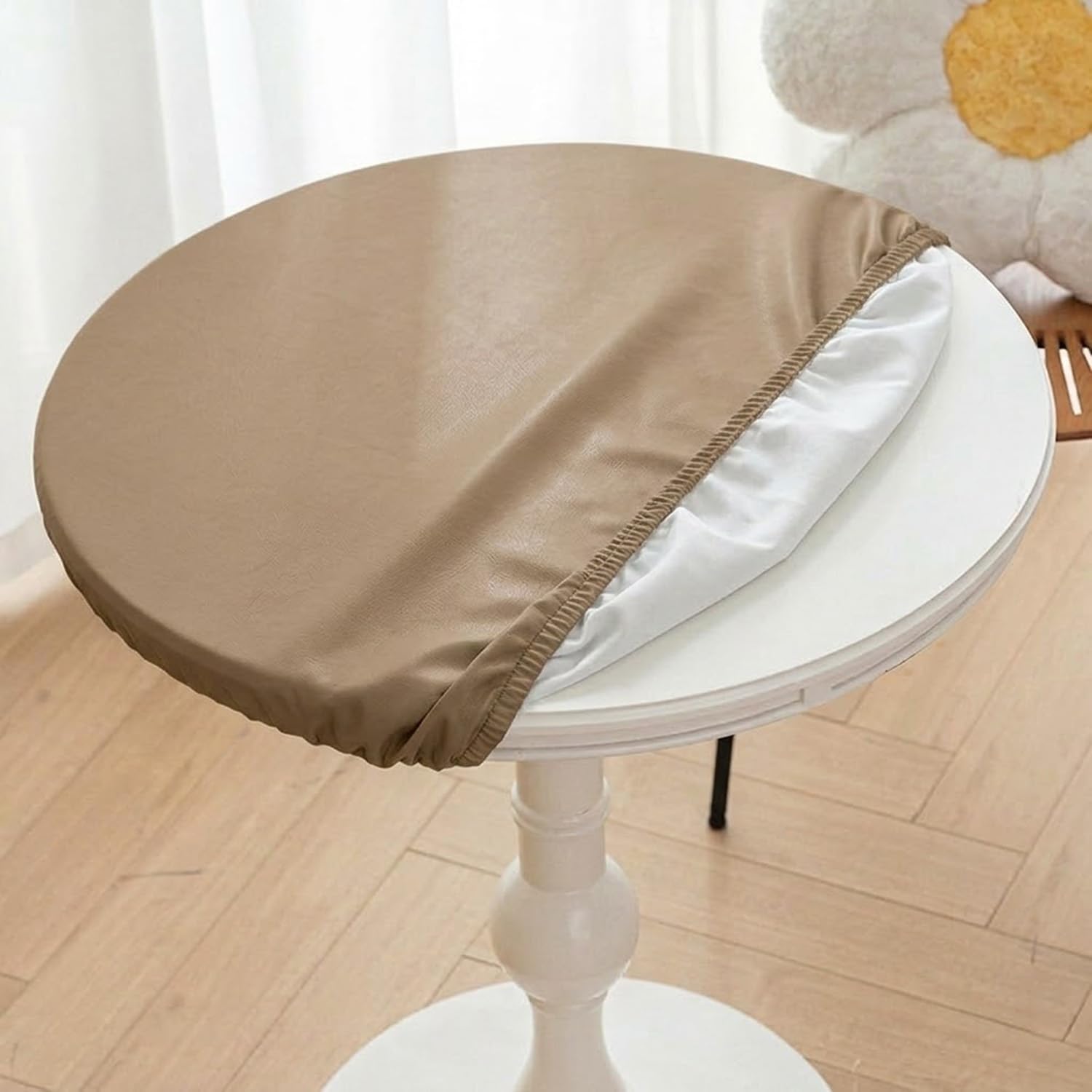 Round Fitted Tablecloth PU Leather Waterproof Elastic Edge Table Cover Non-Slip Wipeable Circular Table Protector for Indoor Outdoor Dining Patio Picnic(Brown,51in)