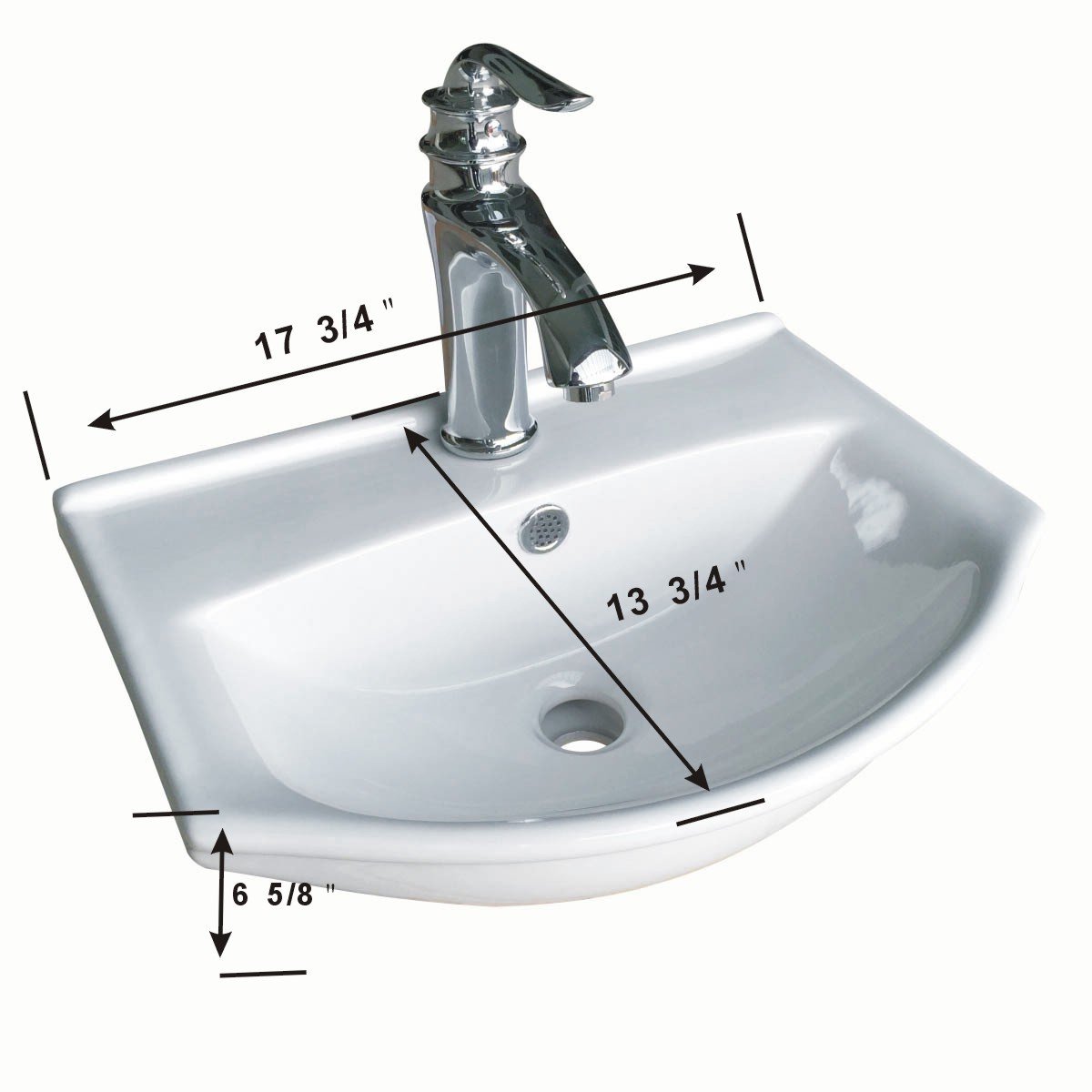 Tahoe - Fregadero de baño pequeño de montaje en pared, de 17.7 in, de cerámica, color blanco, con arco de pared, fregadero flotante con desbordamiento y agujero de 5