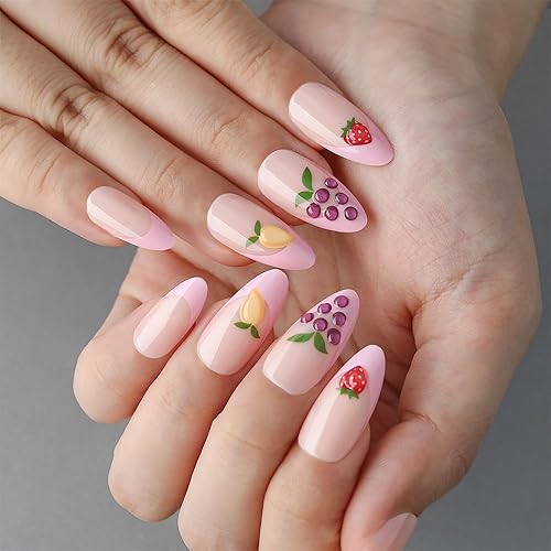 evpct French Tip Press on Nails Medium Almond, Nude +