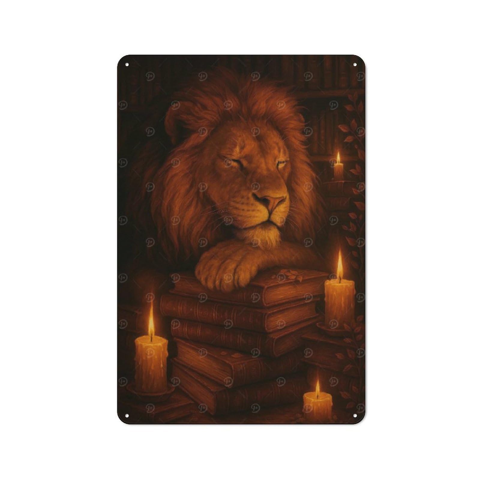 Everyday Lion Sleeping on Books with Candles Metal Gift Sign 30x20cm, Room Wall Plaque for Home, Shop, Pub Or Studio Wall