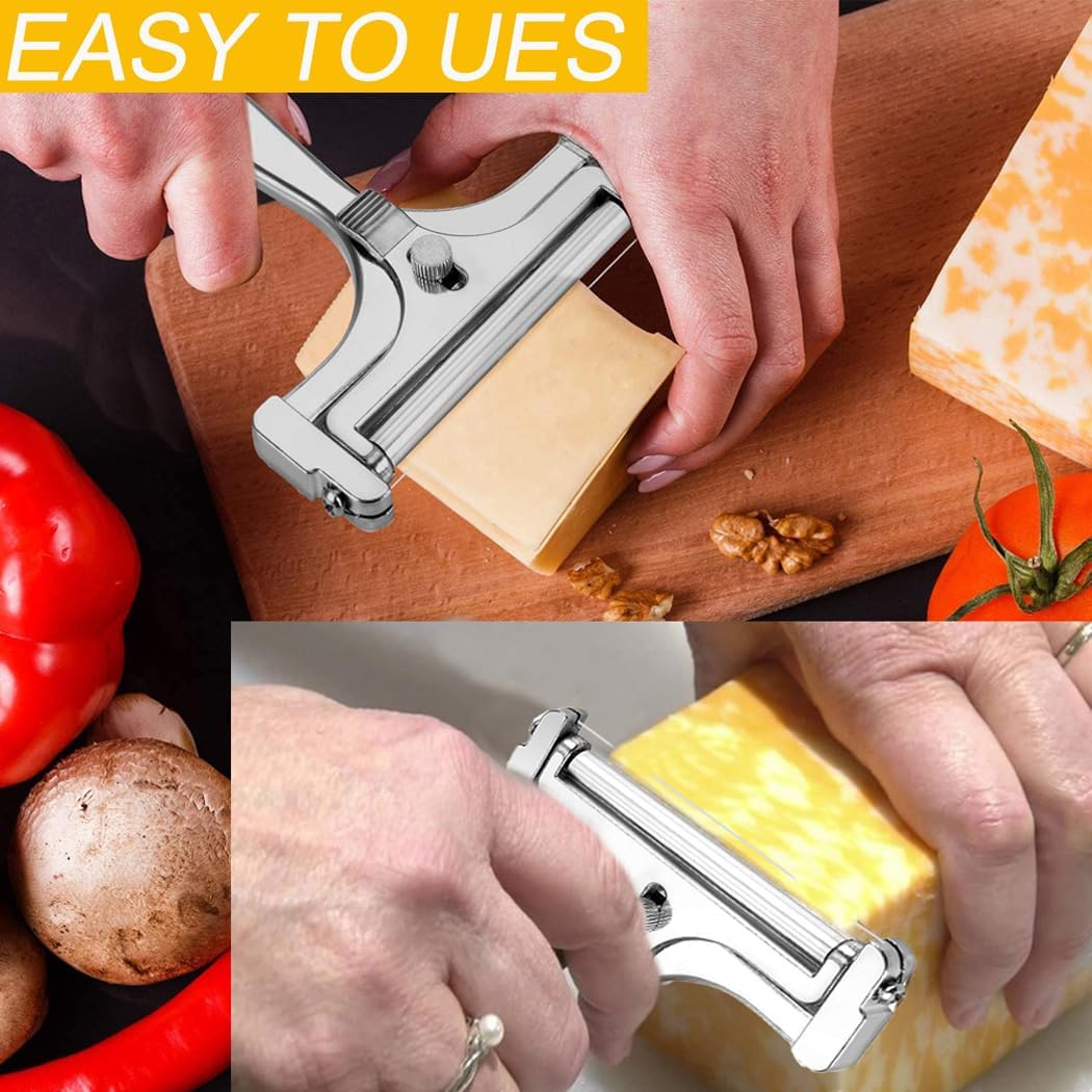 Cheese Slicer with Stainless Steel Wire - Adjustable Hand Held Cheese Cutter- Premium Cheese Shaver for Mozzarella, Cheddar, Gruyere - Cheese Cutter with Wire