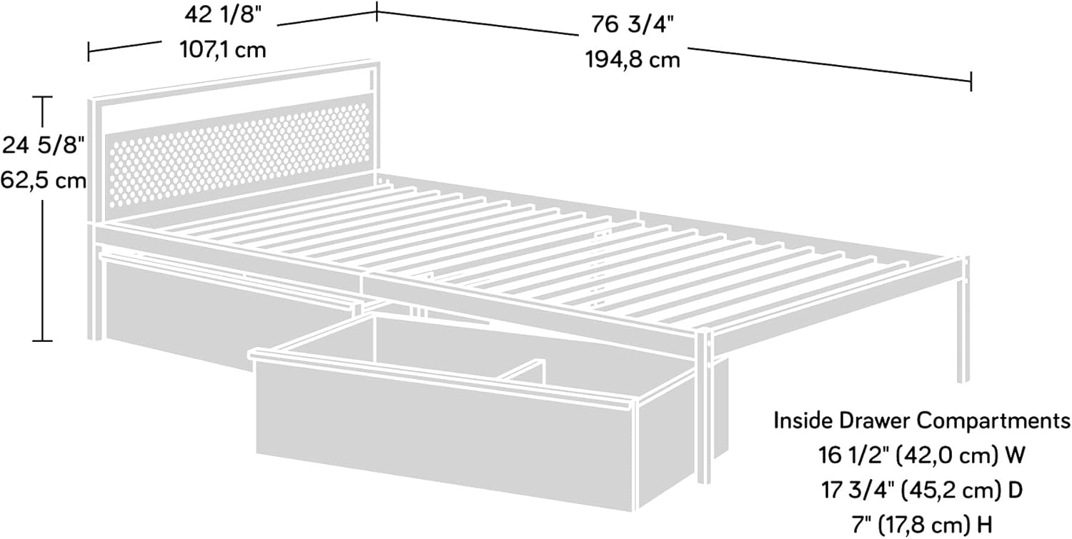 Technical diagram showing the dimensions of the Sauder Boulevard Cafe Mates Bed, including overall length, width, height, and internal drawer dimensions.