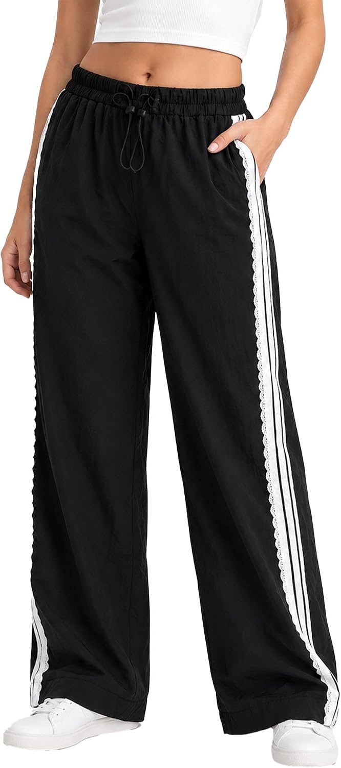 Womens Baggy Wide Leg Track Pants Lace Side Stripe Elastic Waist Drawstring with Pockets