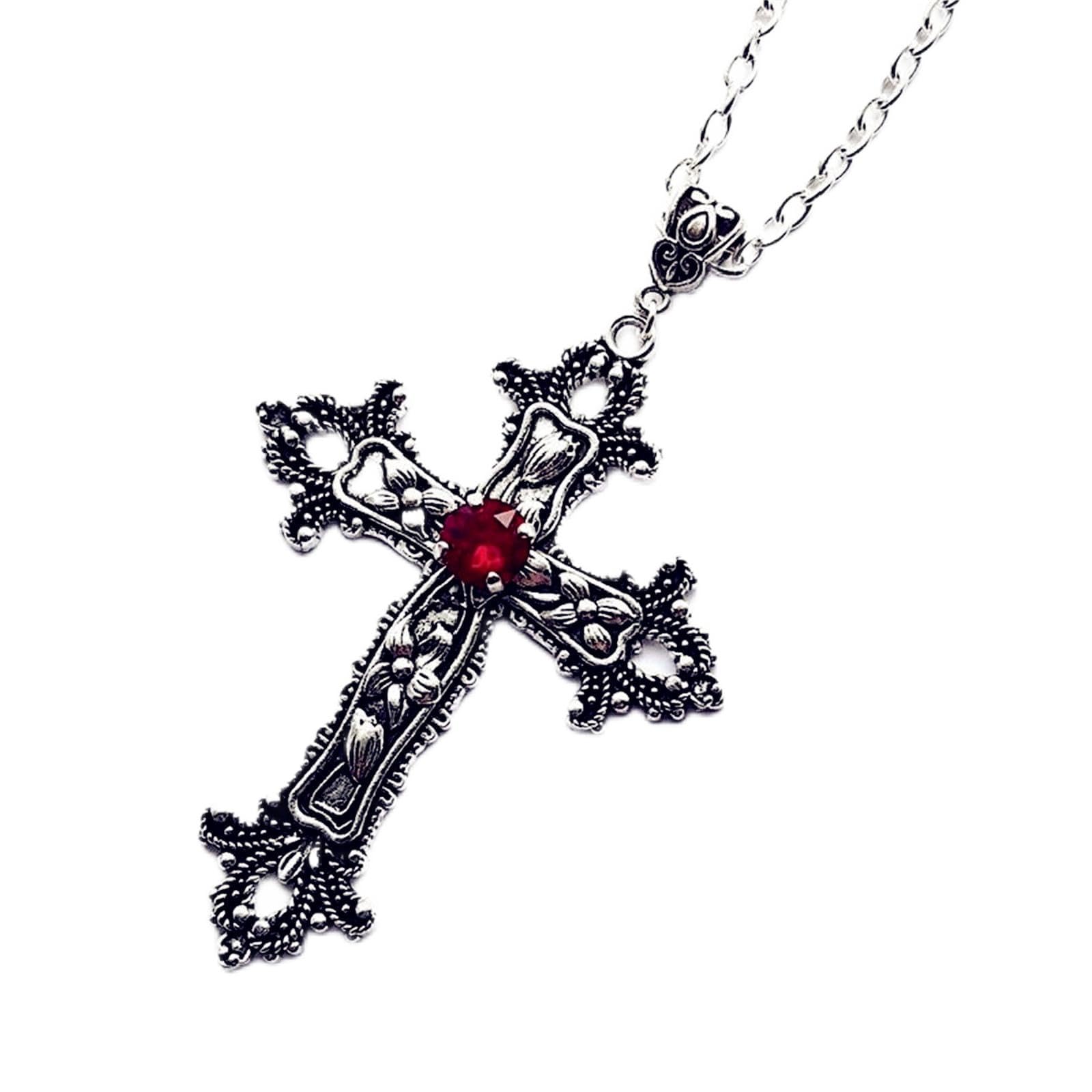 Gothic Cross Pendant Necklace Antiqued Silver Goth Punk Holy Cross Carved  Flower Chic Black Crystal Rhinestone Christian Large Chain Necklace for