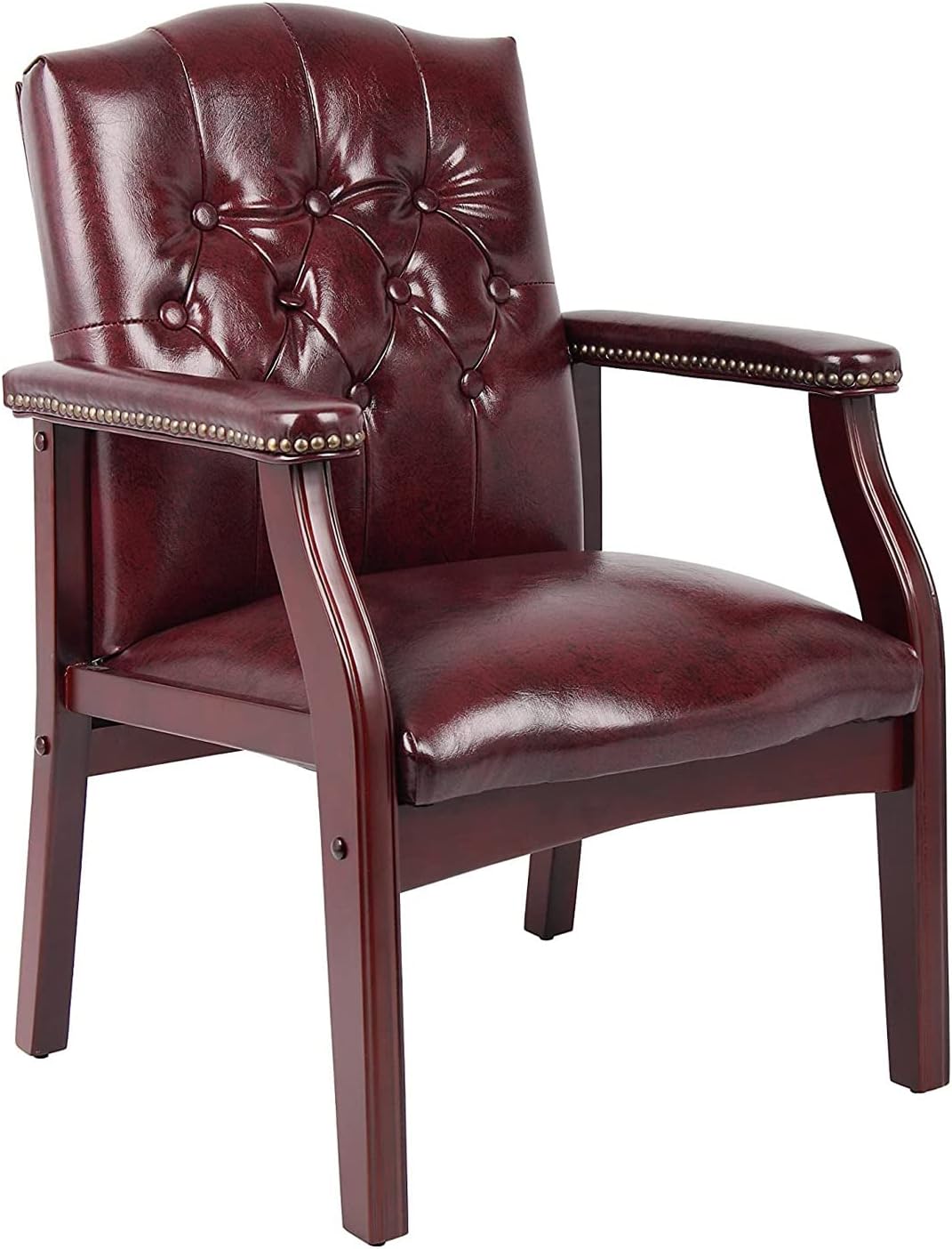 Ivy League Executive Guest Chair in Burgundy Vinyl Wood Frame Office Visitor Chair with Mahogany Finish Comfortable Reception Seating for Office Lobby or Waiting Room