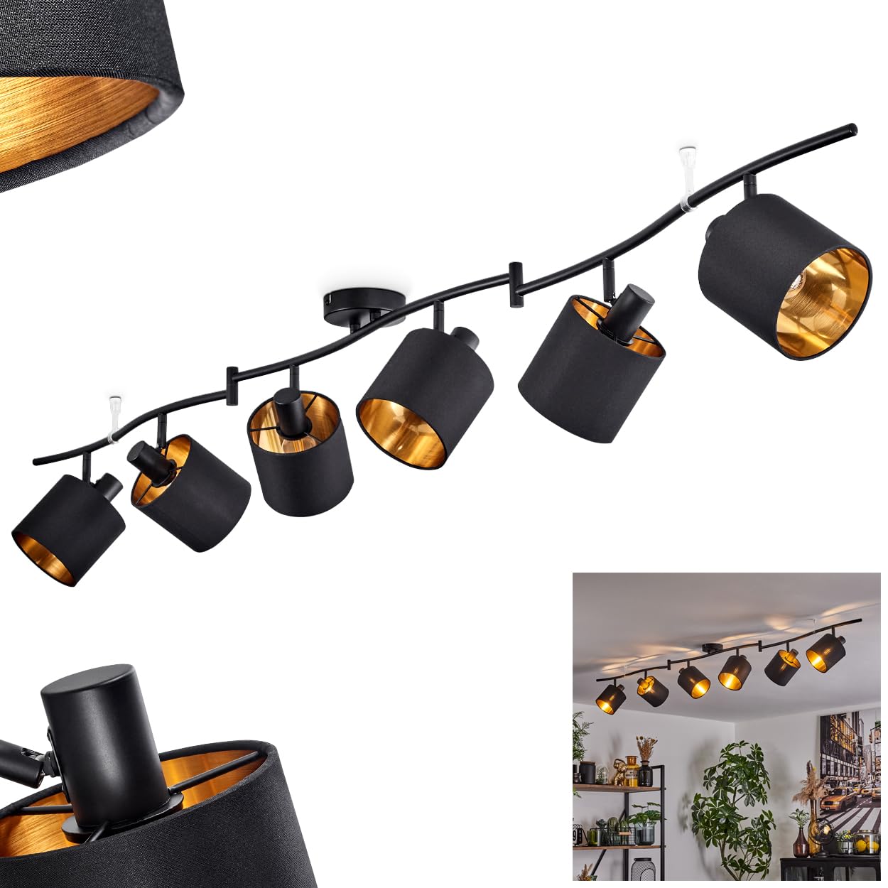 Hofstein Black Ceiling Lamp Alsen, Modern Ceiling Lamp Made Of Metal/Fabric In /Gold Colours, 6-Flame, With Adjustable Spotlights And Lamp Arms, Spot In Retro/Vintage Design, 6 X E14, Without Bulbs