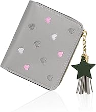 FuninCrea Women's Wallet with Star Pendant, PU Leather Pocket with Slots, Small Card Holder with Zipper, Wallet for Women with Embroidered Heart Pattern, grey, Minimalist