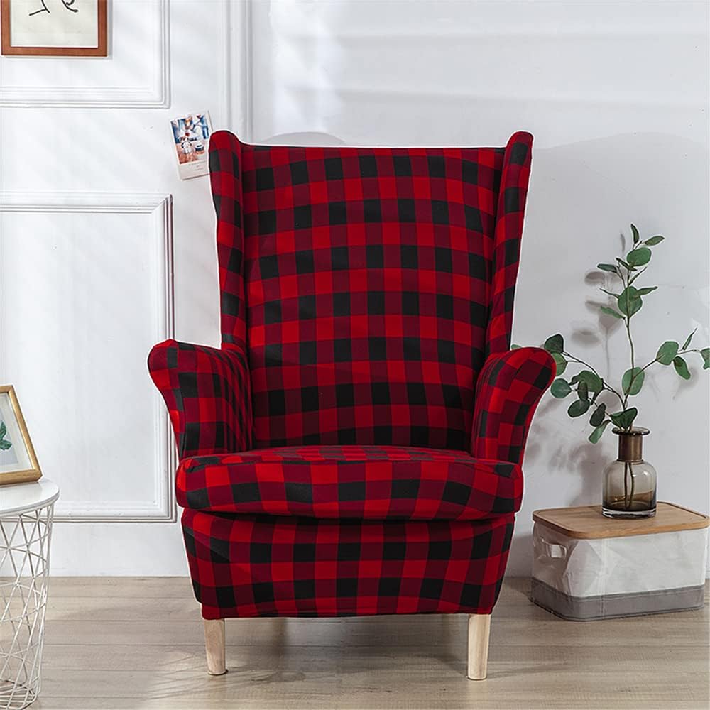 Stretch Wingback Chair Covers 2 Piece Wing Chair Slipcover for Armchair Modern Spandex Armchair Sofa Cover for Living Room Bedroom (Red Black Plaid)