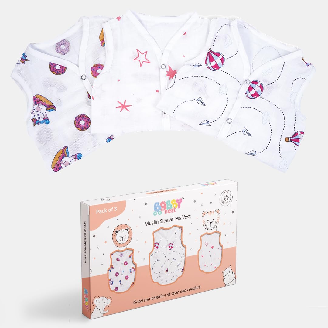 BABBY NEST 100% Cotton Muslin Baby jhabla | Baby Vest Clothes for New Born, Soft Sleeveless with Buttons, Baby Vest | Baby Vest for Newborn Boys Girls (0-3 Months, Print May Very)