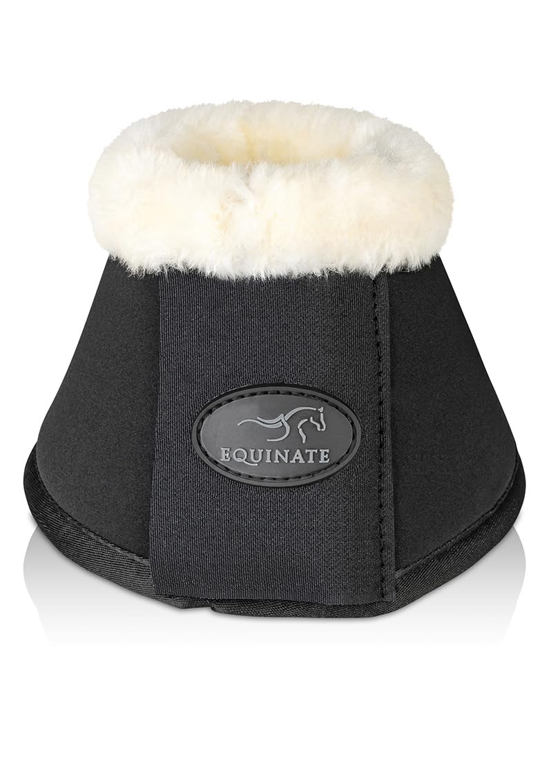 Equinate Hufglocken Furlyn mit synthetischem Lammfell L Schwarz - Robuste und stoßdämpfende Neopren Springglocken - Hufschutz für Training und Turniere - 2er Set